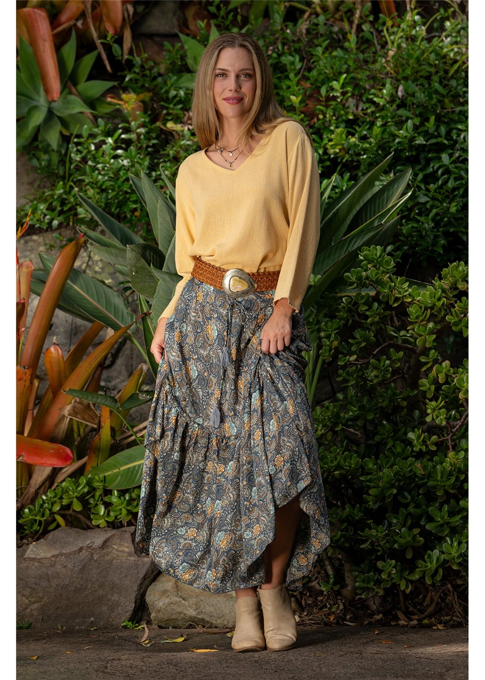 Twilight Frill Maxi Skirt moody paisley styled for evening in charcoal slate and gold — Cienna Designs