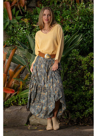 Twilight Frill Maxi Skirt moody paisley styled for evening in charcoal slate and gold — Cienna Designs