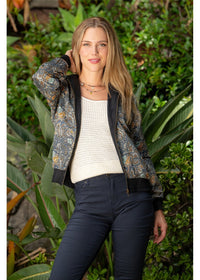 Cienna Designs Twilight Hooded Bomber in moody charcoal slate and gold paisley, silk-polyester blend — Twilight Hooded Bomber by Cienna Designs
