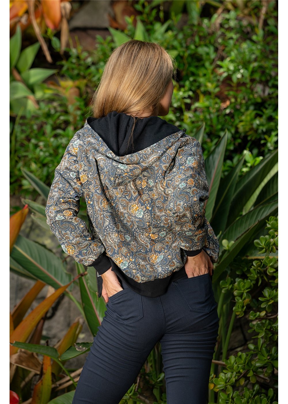 Twilight Hooded Bomber in charcoal and gold paisley, boho hood detail in silk-polyester — Cienna Designs