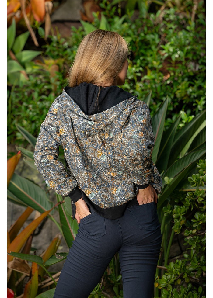 Twilight Hooded Bomber in charcoal and gold paisley, boho hood detail in silk-polyester — Cienna Designs