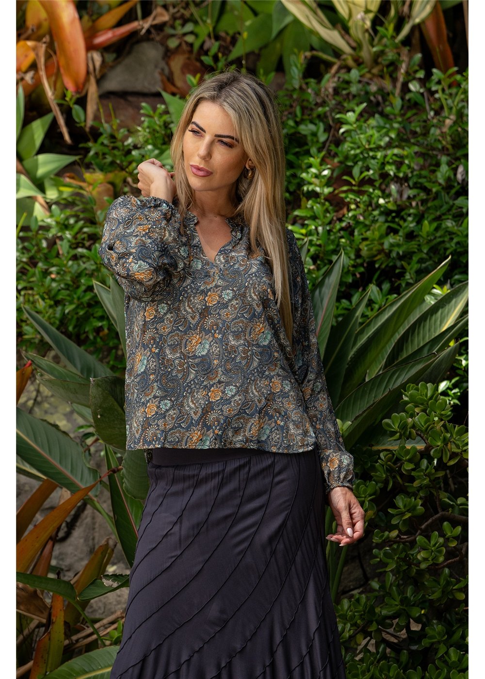 Cienna Designs Twilight Long Sleeve Blouse in moody charcoal slate and gold paisley, silk-polyester blend — Twilight Long Sleeve Blouse by Cienna Designs