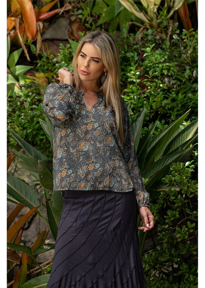 Cienna Designs Twilight Long Sleeve Blouse in moody charcoal slate and gold paisley, silk-polyester blend — Twilight Long Sleeve Blouse by Cienna Designs