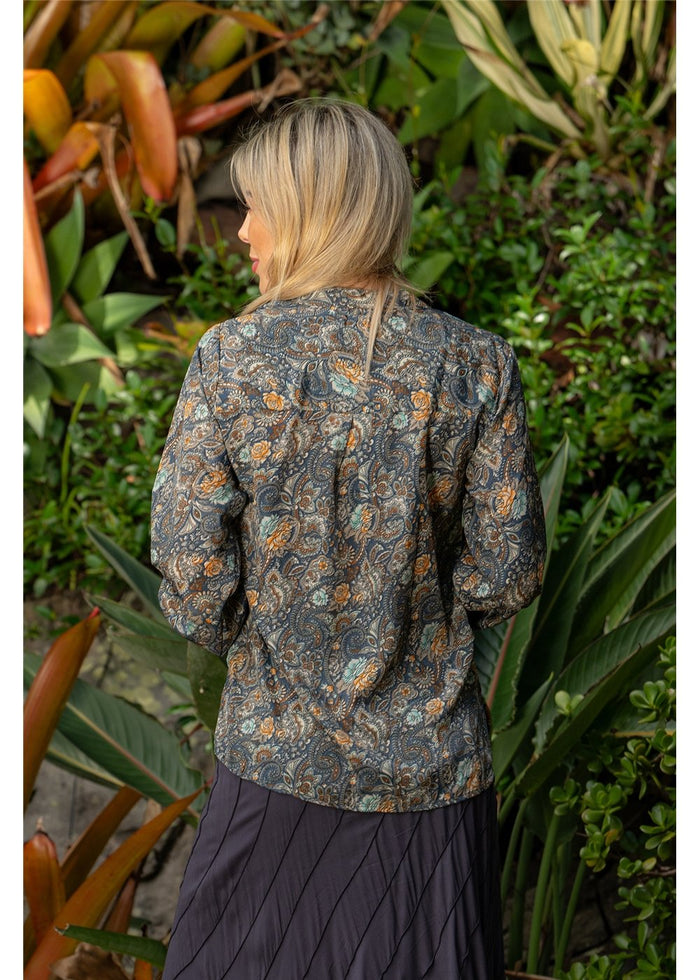 Twilight Long Sleeve Blouse in charcoal and gold paisley, flowing silk-polyester blend — Cienna Designs