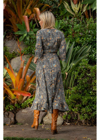 Twilight Long Sleeve Wrap Dress in charcoal and gold paisley, wrap front flowing hem silk-polyester — Cienna Designs