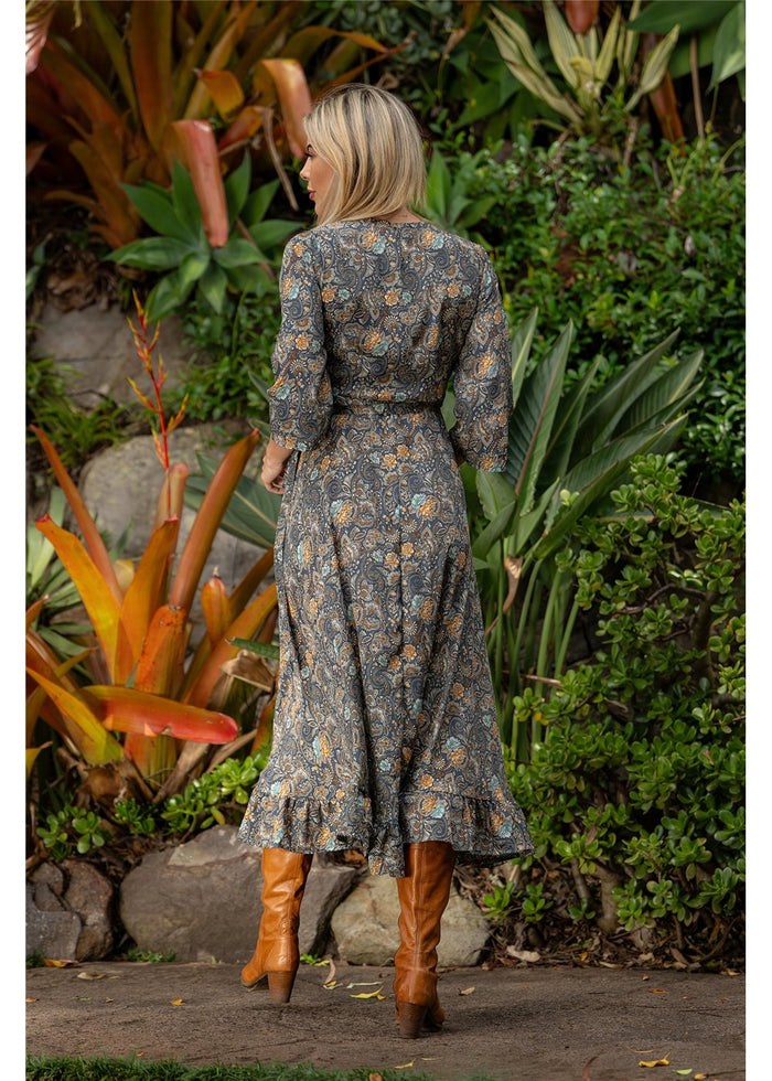Twilight Long Sleeve Wrap Dress in charcoal and gold paisley, wrap front flowing hem silk-polyester — Cienna Designs