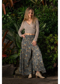 Cienna Designs Twilight Wide Leg Pant in moody charcoal slate and gold paisley, silk-polyester blend — Twilight Wide Leg Pant by Cienna Designs