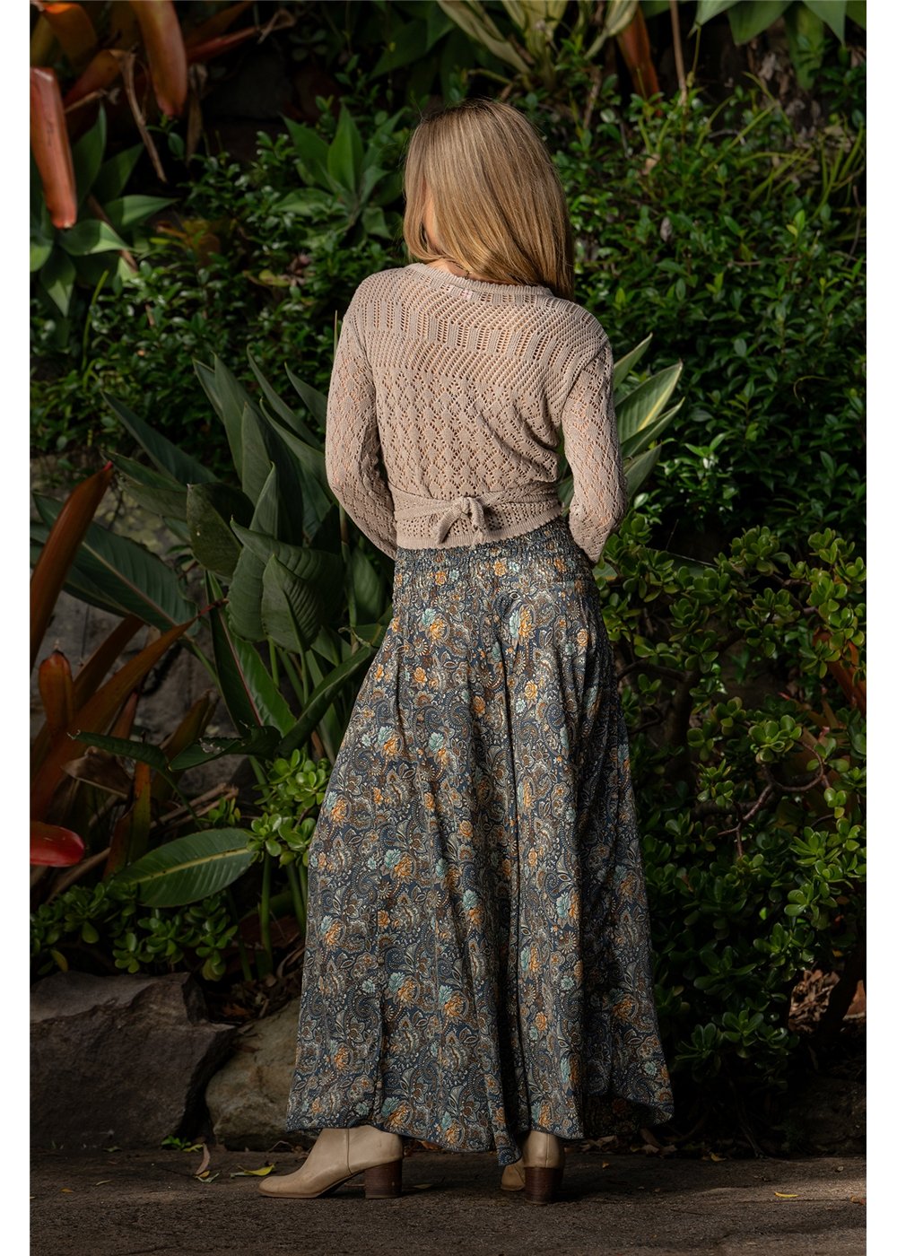 Twilight Wide Leg Pant in charcoal and gold paisley, flowing wide-leg silhouette in silk-polyester — Cienna Designs