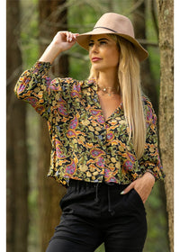 Cienna Designs Verona Balloon Top in richly detailed paisley, deep navy sage green and dusty pink, silk-polyester — Verona Balloon Top by Cienna Designs