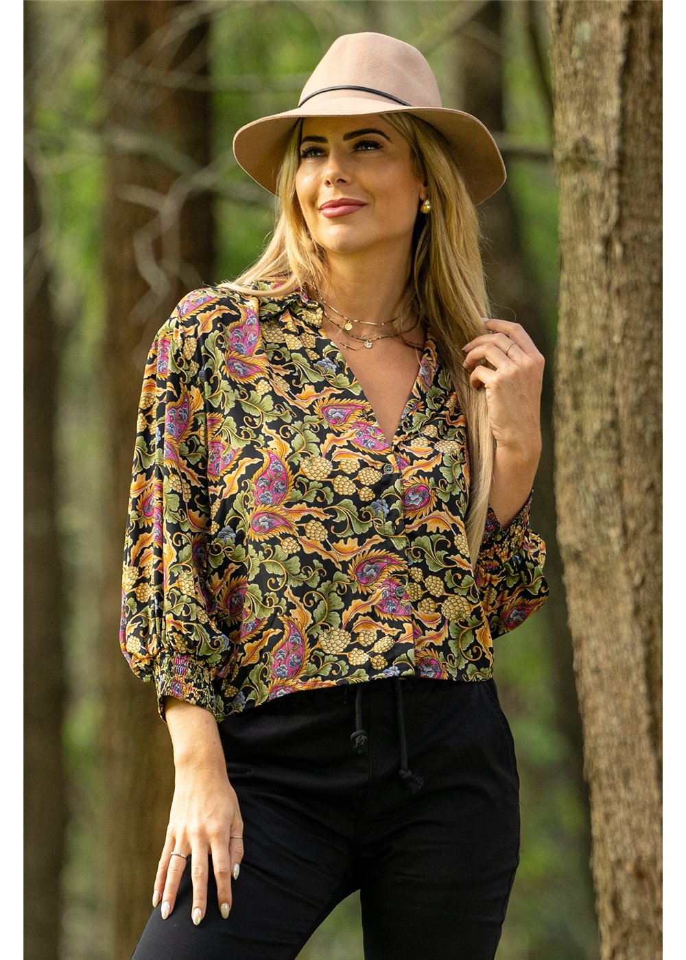 Verona Balloon Top in navy sage and dusty pink paisley, voluminous balloon sleeves in silk-polyester — Cienna Designs
