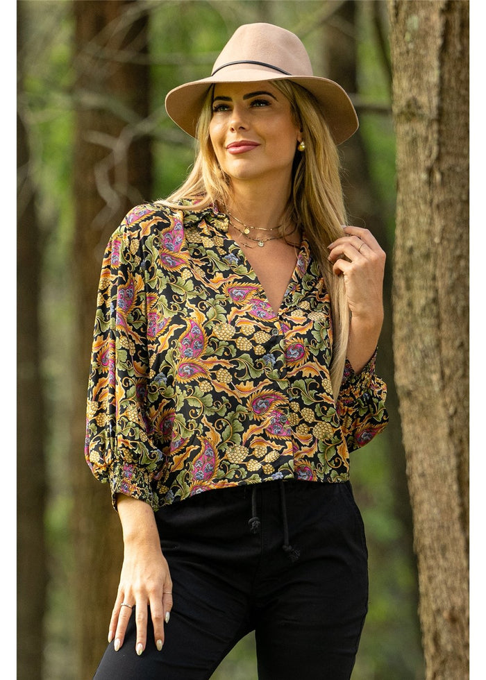 Verona Balloon Top in navy sage and dusty pink paisley, voluminous balloon sleeves in silk-polyester — Cienna Designs