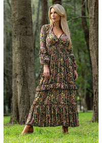 Cienna Designs Verona Boho Dress in richly detailed paisley, deep navy sage green and dusty pink, silk-polyester — Verona Boho Dress by Cienna Designs