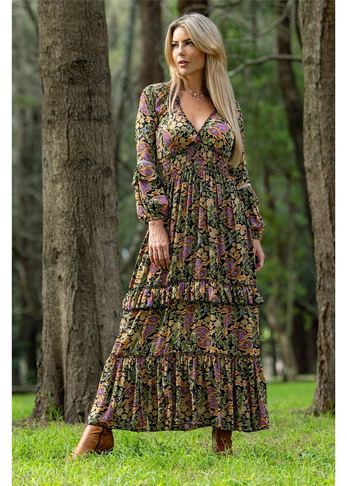 Cienna Designs Verona Boho Dress in richly detailed paisley, deep navy sage green and dusty pink, silk-polyester — Verona Boho Dress by Cienna Designs
