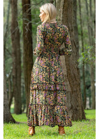 Verona Boho Dress in navy sage and dusty pink paisley, relaxed boho silhouette in silk-polyester — Cienna Designs