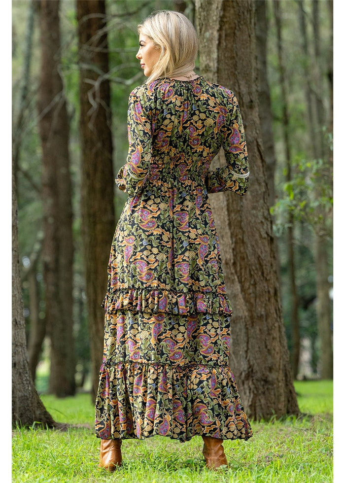Verona Boho Dress in navy sage and dusty pink paisley, relaxed boho silhouette in silk-polyester — Cienna Designs