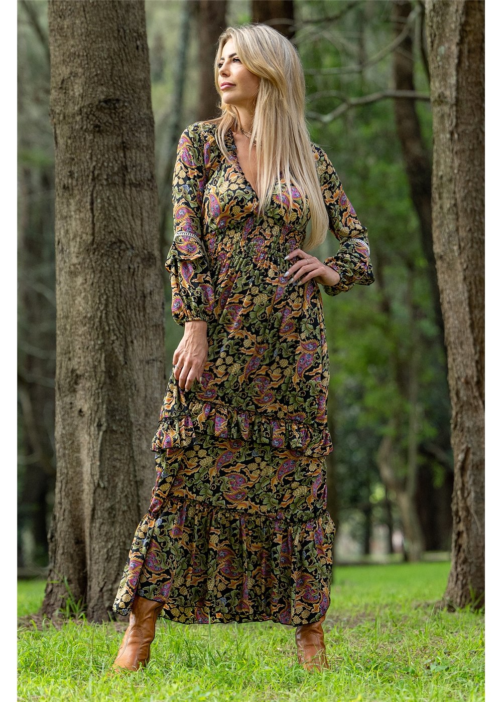 Verona Boho Dress richly detailed paisley, styled for a festival or market day in navy sage and pink — Cienna Designs
