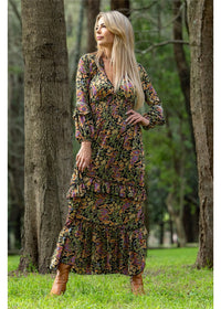 Verona Boho Dress richly detailed paisley, styled for a festival or market day in navy sage and pink — Cienna Designs