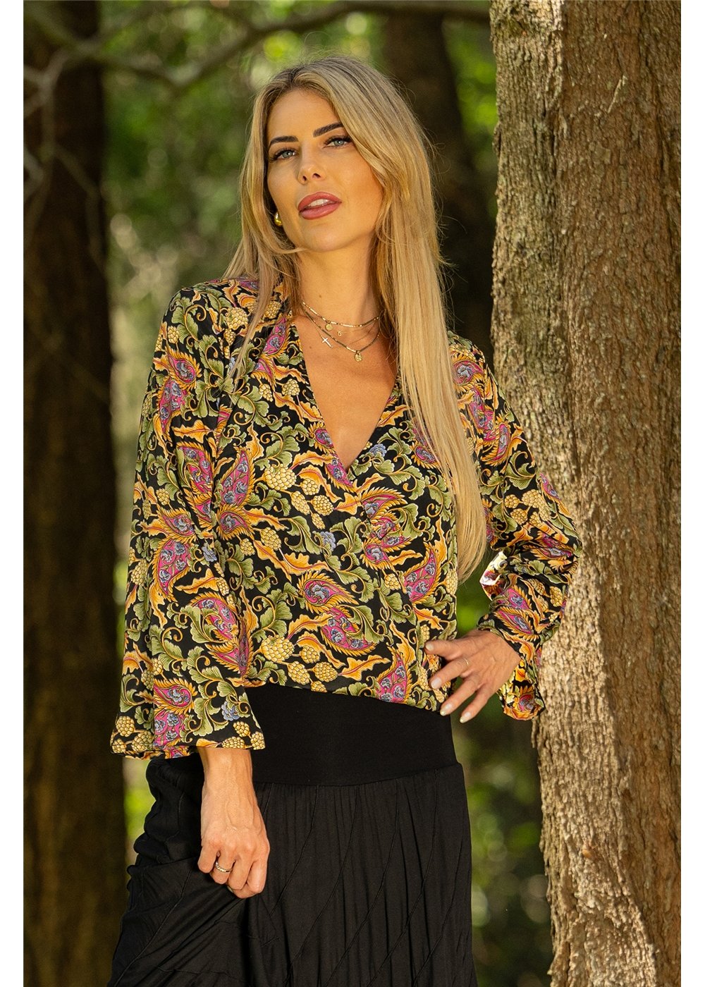 Cienna Designs Verona Crossover Top in richly detailed paisley, deep navy sage green and dusty pink, silk-polyester — Verona Crossover Top by Cienna Designs