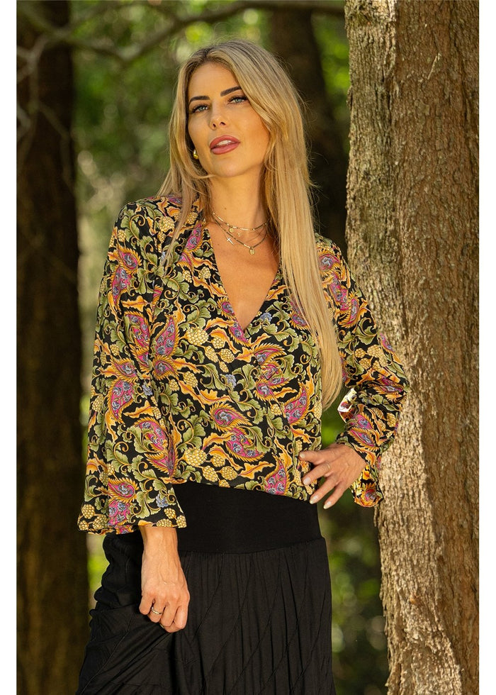 Cienna Designs Verona Crossover Top in richly detailed paisley, deep navy sage green and dusty pink, silk-polyester — Verona Crossover Top by Cienna Designs