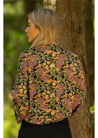 Verona Crossover Top in navy sage and dusty pink paisley, deep V-neckline relaxed silhouette silk-polyester — Cienna Designs