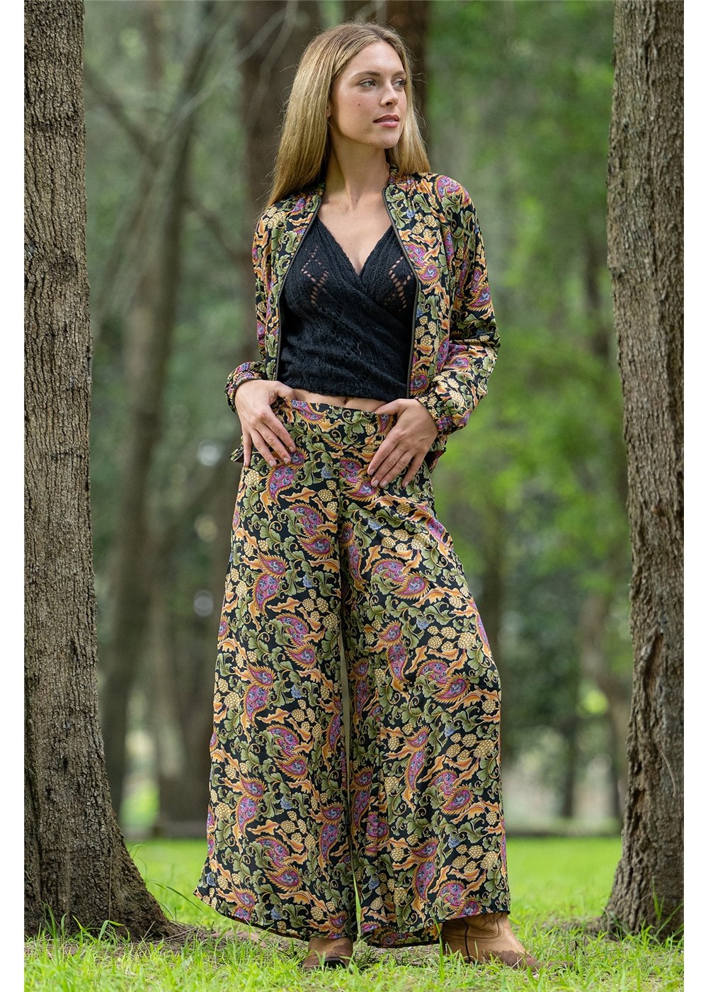 Cienna Designs Verona Elle Pants in richly detailed paisley, deep navy sage green and dusty pink, silk-polyester — Verona Elle Pants by Cienna Designs