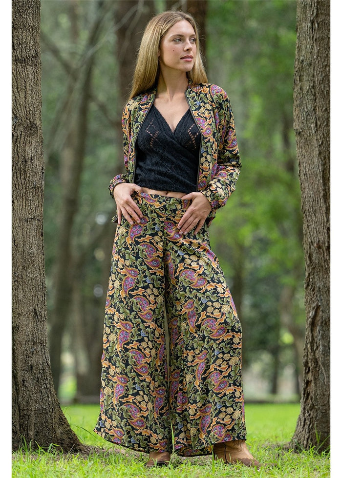 Cienna Designs Verona Elle Pants in richly detailed paisley, deep navy sage green and dusty pink, silk-polyester — Verona Elle Pants by Cienna Designs
