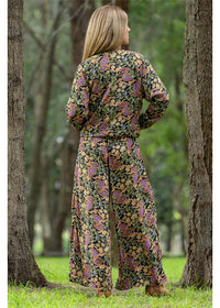 Verona Elle Pants in navy sage and dusty pink paisley, fluid wide-leg silhouette in silk-polyester — Cienna Designs