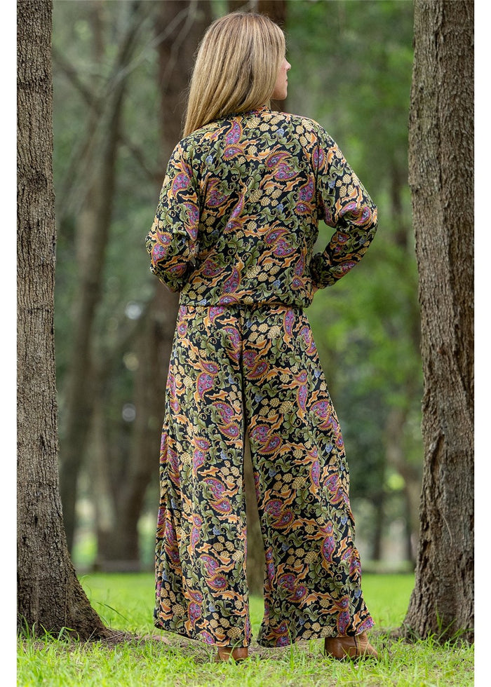 Verona Elle Pants in navy sage and dusty pink paisley, fluid wide-leg silhouette in silk-polyester — Cienna Designs
