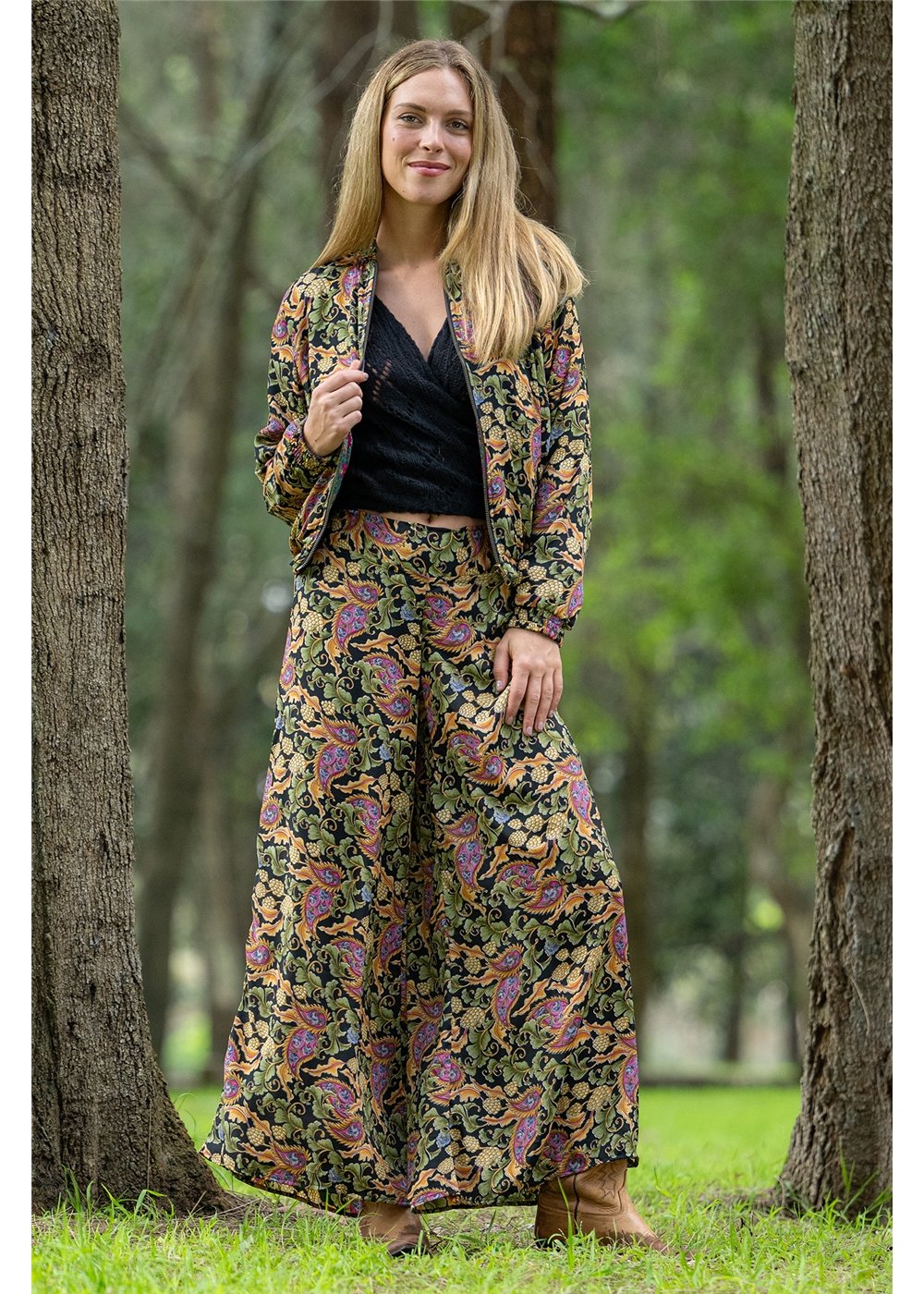 Verona Elle Pants navy sage and pink paisley styled with Verona Crossover Top — Cienna Designs