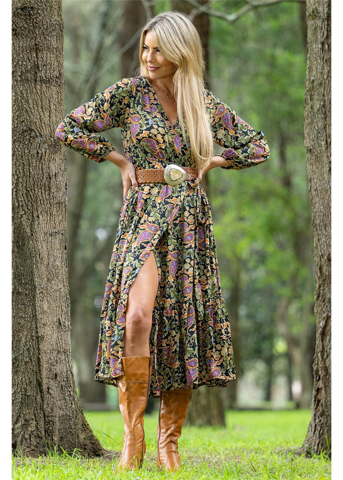 Cienna Designs Verona Frill Wrap Dress in richly detailed paisley, deep navy sage green and dusty pink, silk-polyester — Verona Frill Wrap Dress by Cienna Designs