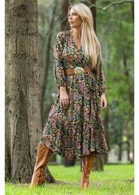Verona Frill Wrap Dress in navy sage and dusty pink paisley, flowing frill hem in silk-polyester — Cienna Designs