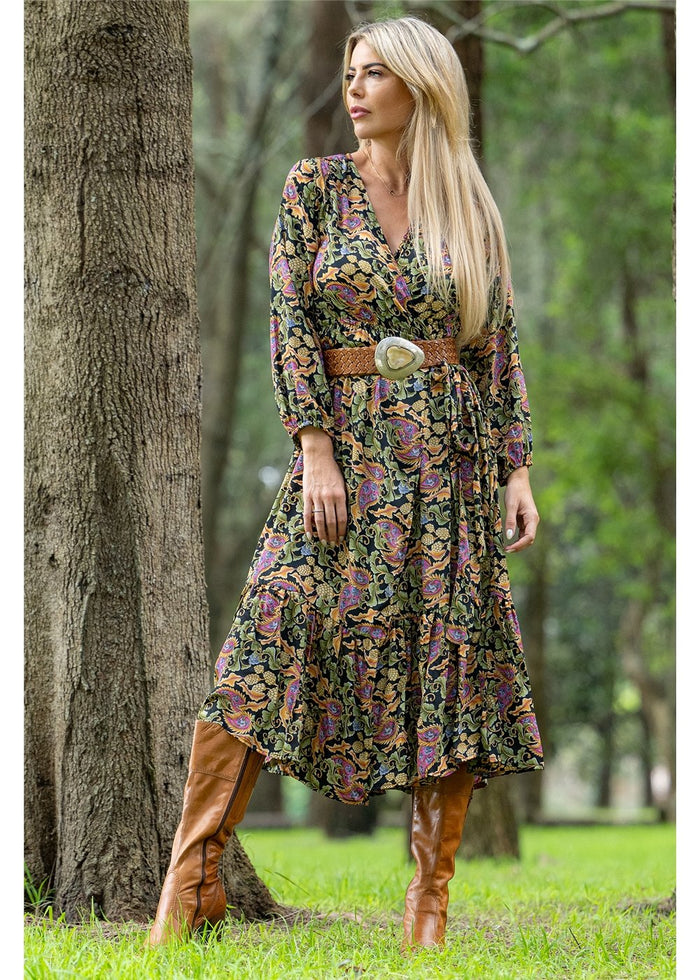 Verona Frill Wrap Dress in navy sage and dusty pink paisley, flowing frill hem in silk-polyester — Cienna Designs