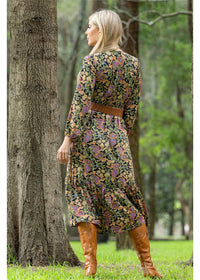 Verona Frill Wrap Dress navy sage and pink paisley, styled for day or evening in silk-polyester — Cienna Designs