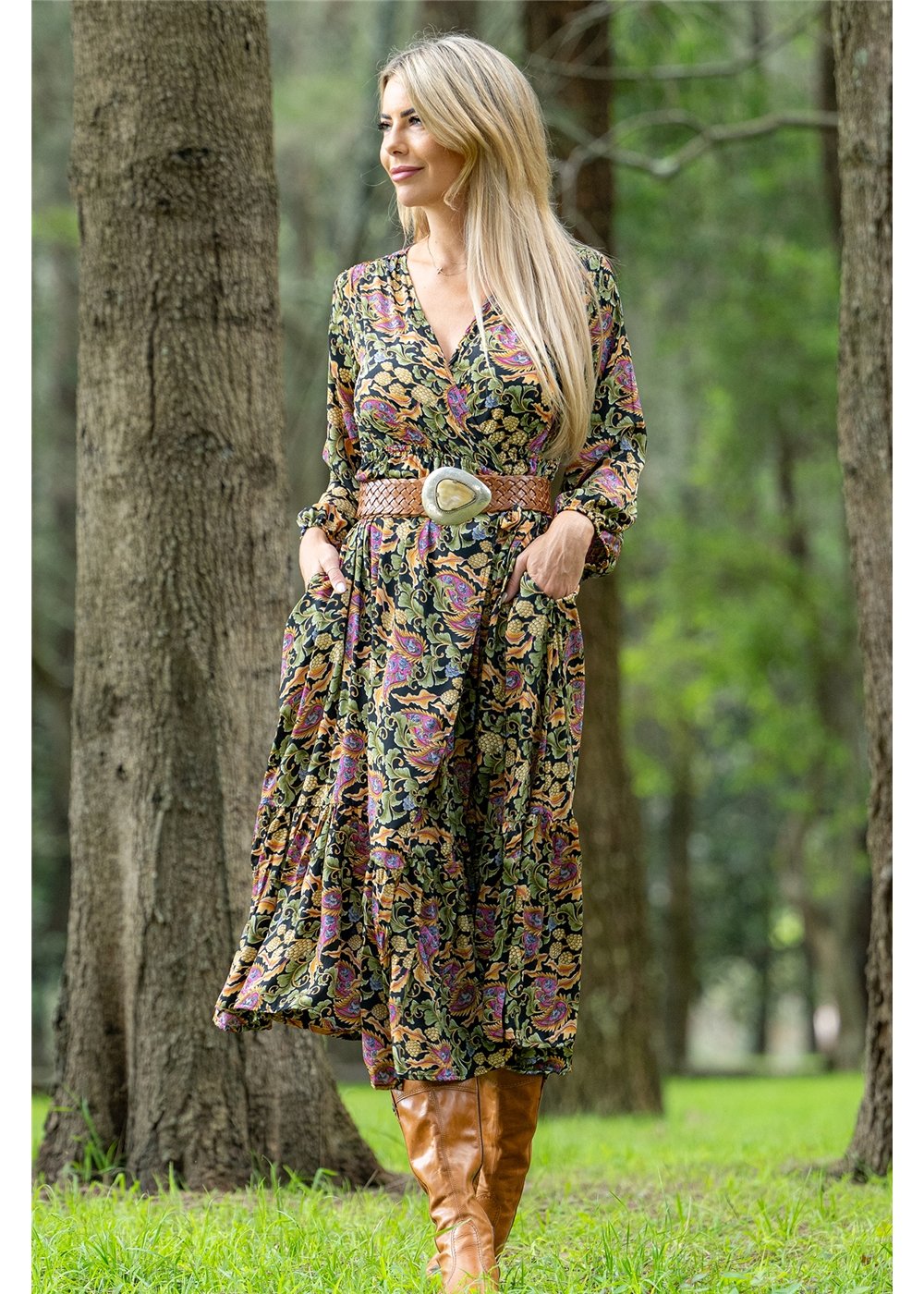 Verona Frill Wrap Dress in silk-polyester paisley, back view deep navy sage and dusty pink — Cienna Designs
