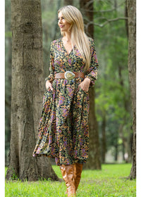 Verona Frill Wrap Dress in silk-polyester paisley, back view deep navy sage and dusty pink — Cienna Designs