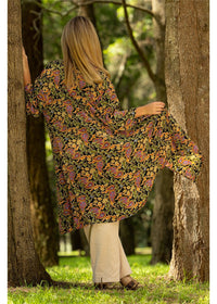 Verona Mid Length Kimono in navy sage and dusty pink paisley, flowing open-front silhouette in silk-polyester — Cienna Designs