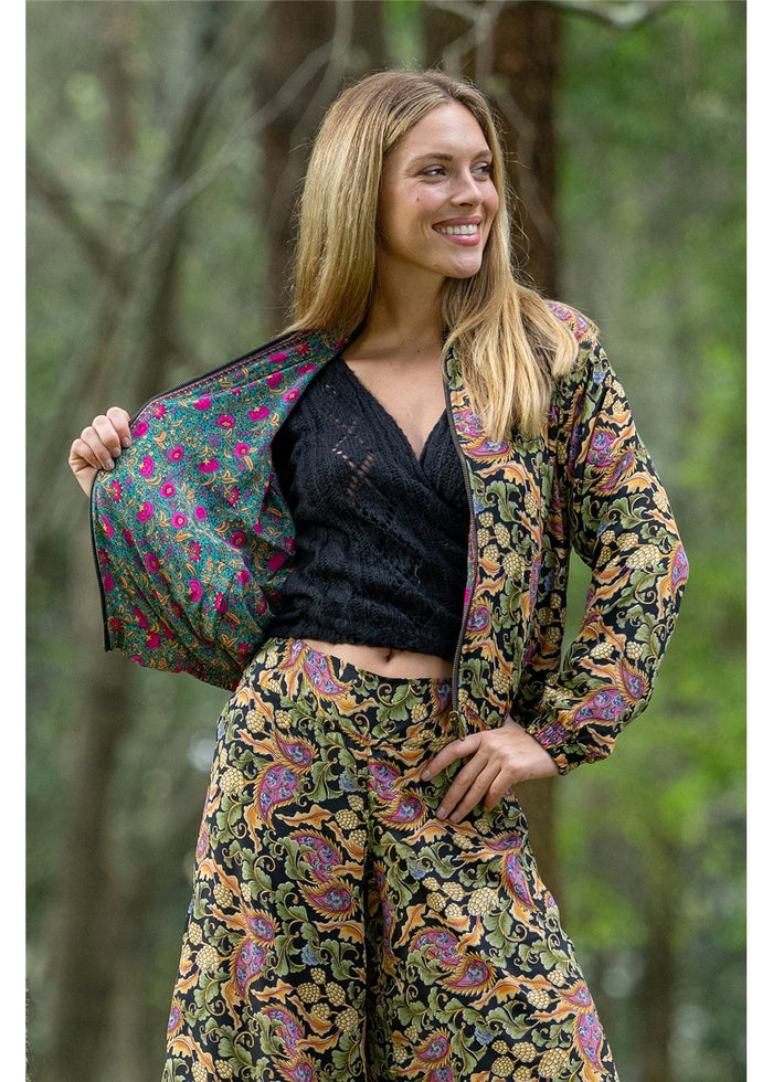 Cienna Designs Verona Reversible Bomber in richly detailed paisley, deep navy sage green and dusty pink, silk-polyester — Verona Reversible Bomber by Cienna Designs