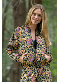 Verona Reversible Bomber in navy sage and dusty pink paisley, two-in-one reversible design silk-polyester — Cienna Designs
