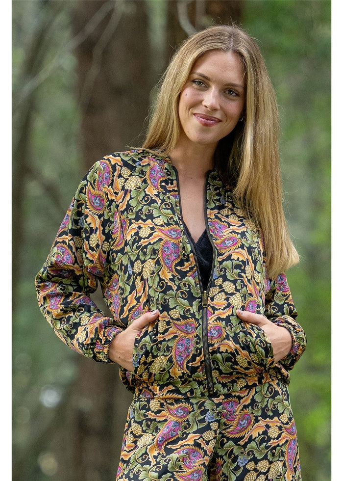 Verona Reversible Bomber in navy sage and dusty pink paisley, two-in-one reversible design silk-polyester — Cienna Designs