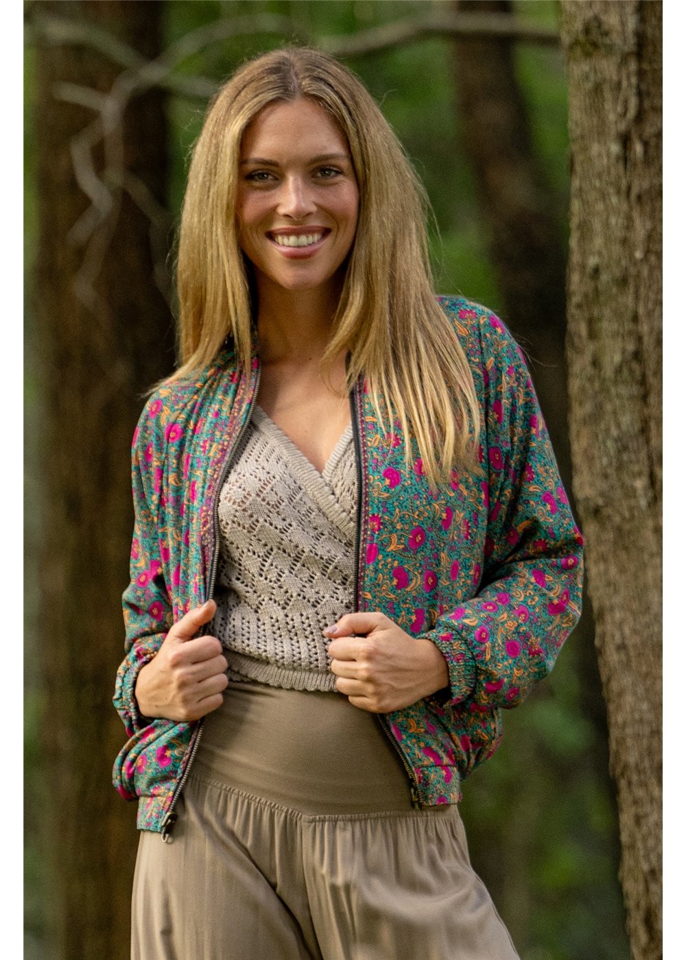 Verona Reversible Bomber styled with Verona Frill Wrap Dress for a playful two-print look — Cienna Designs