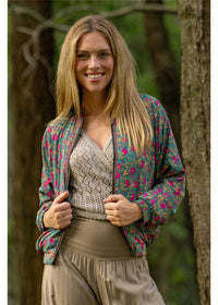 Verona Reversible Bomber styled with Verona Frill Wrap Dress for a playful two-print look — Cienna Designs