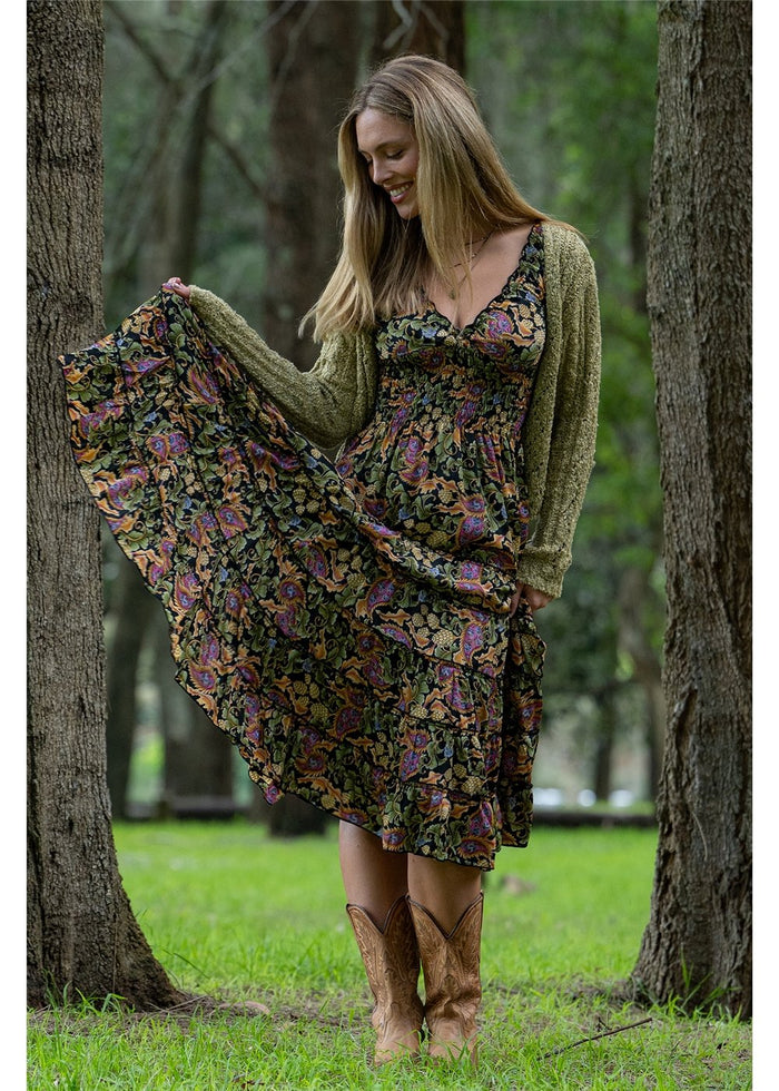 Cienna Designs Verona Rosa Dress in richly detailed paisley, deep navy sage green and dusty pink, silk-polyester — Verona Rosa Dress by Cienna Designs