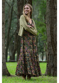 Verona Rosa Dress in navy sage and dusty pink paisley, flowing silhouette in silk-polyester — Cienna Designs