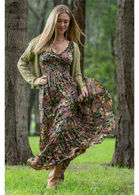 Verona Rosa Dress in silk-polyester paisley, back view deep navy sage green and dusty pink — Cienna Designs