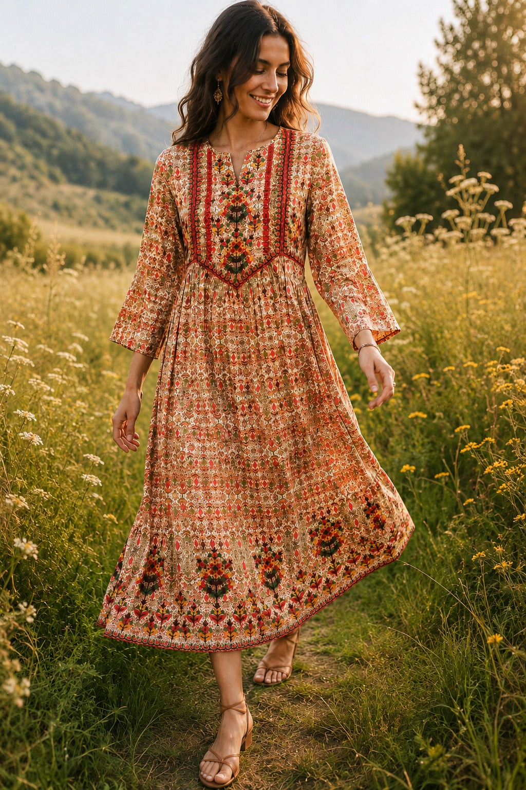 Vintage Fold midi dress in 100% rayon with richly printed folk floral pattern and intricate hand embroidery - Sample D-1365 by Cienna Designs