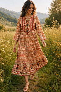 Vintage Fold midi dress in 100% rayon with richly printed folk floral pattern and intricate hand embroidery - Sample D-1365 by Cienna Designs
