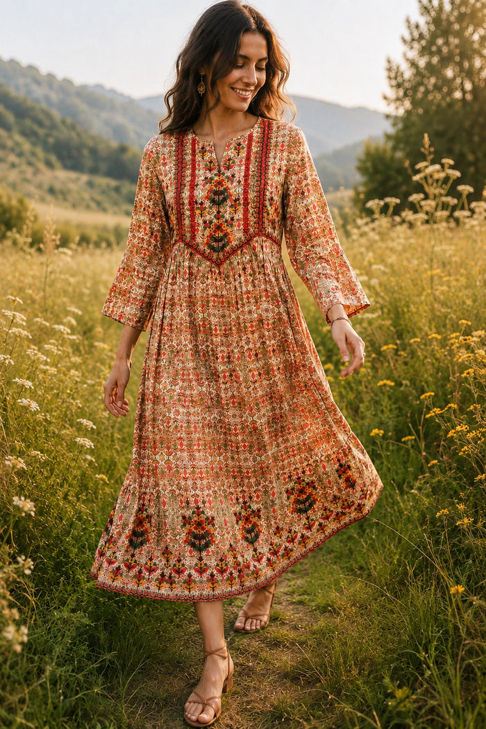 Vintage Fold midi dress in 100% rayon with richly printed folk floral pattern and intricate hand embroidery - Sample D-1365 by Cienna Designs