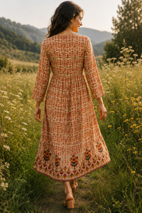 Vintage Fold midi dress back view in 100% rayon with folk floral print and intricate embroidery - Sample D-1365 by Cienna Designs