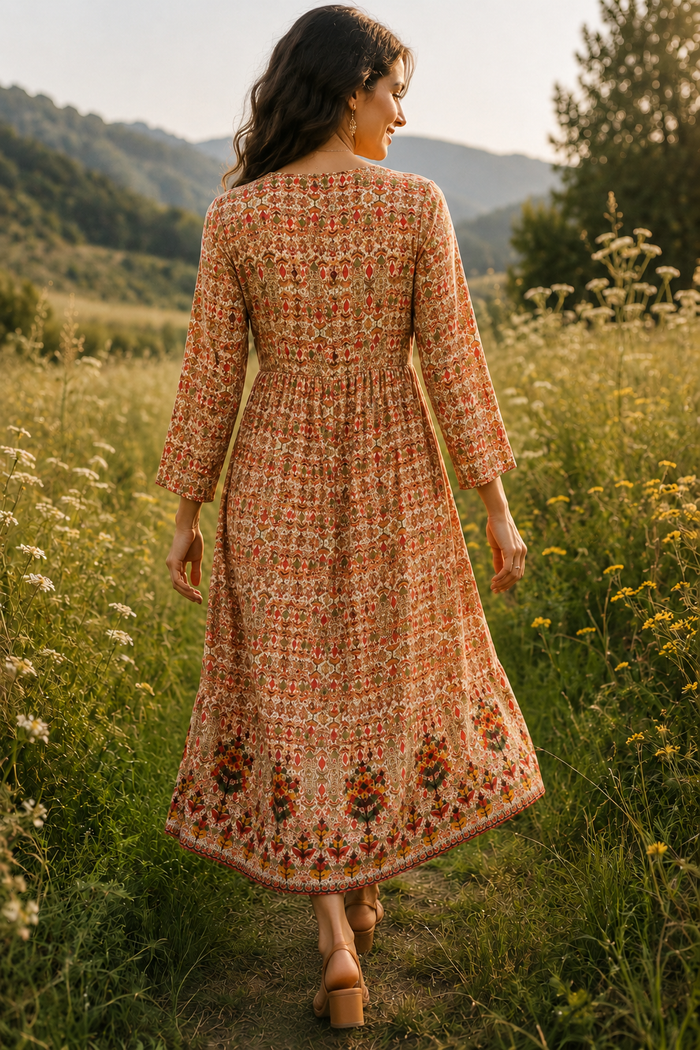 Vintage Fold midi dress back view in 100% rayon with folk floral print and intricate embroidery - Sample D-1365 by Cienna Designs