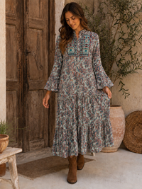 Willow Paisley midi dress with delicate paisley print, richly embroidered front panel, tiered skirt and flared sleeves - Sample D-1528 by Cienna Designs